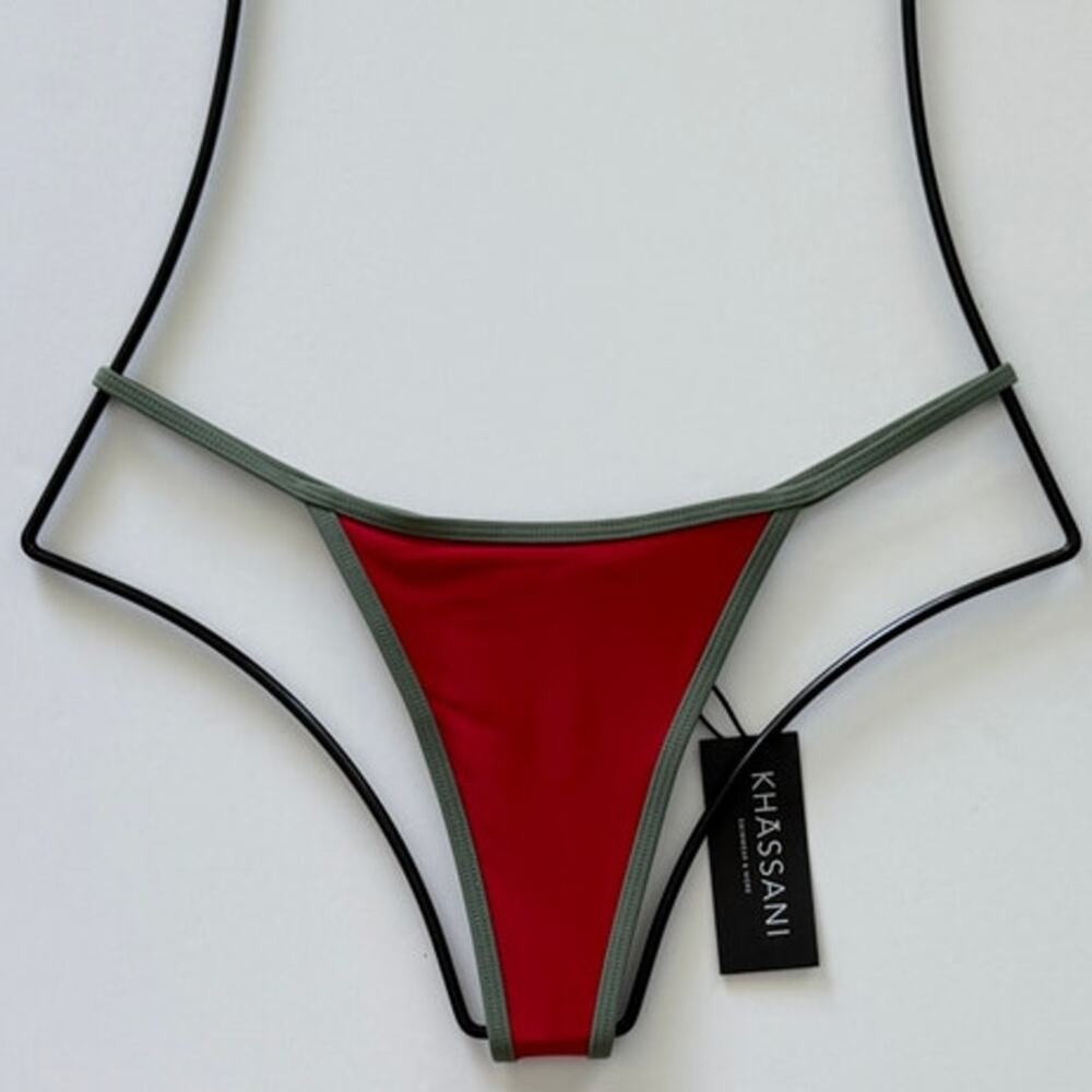 Khassani Swim Tiny Tanga Bikini Bottom -Rouge / Khaki- L - NWT